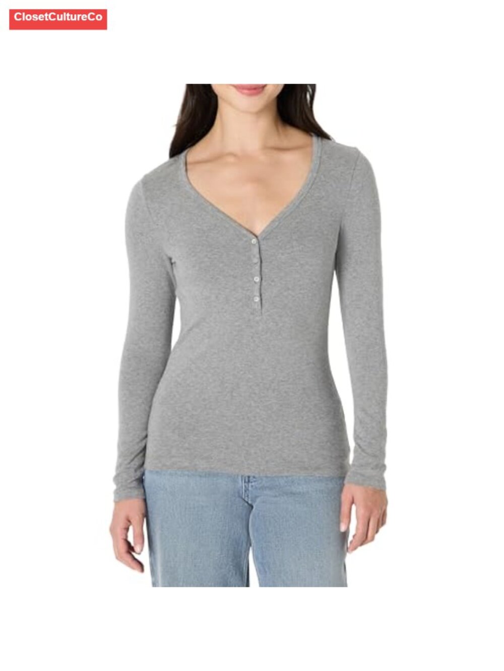 Women's Long Sleeve Henley Slim Fit Ribbed Knit T-Shirt